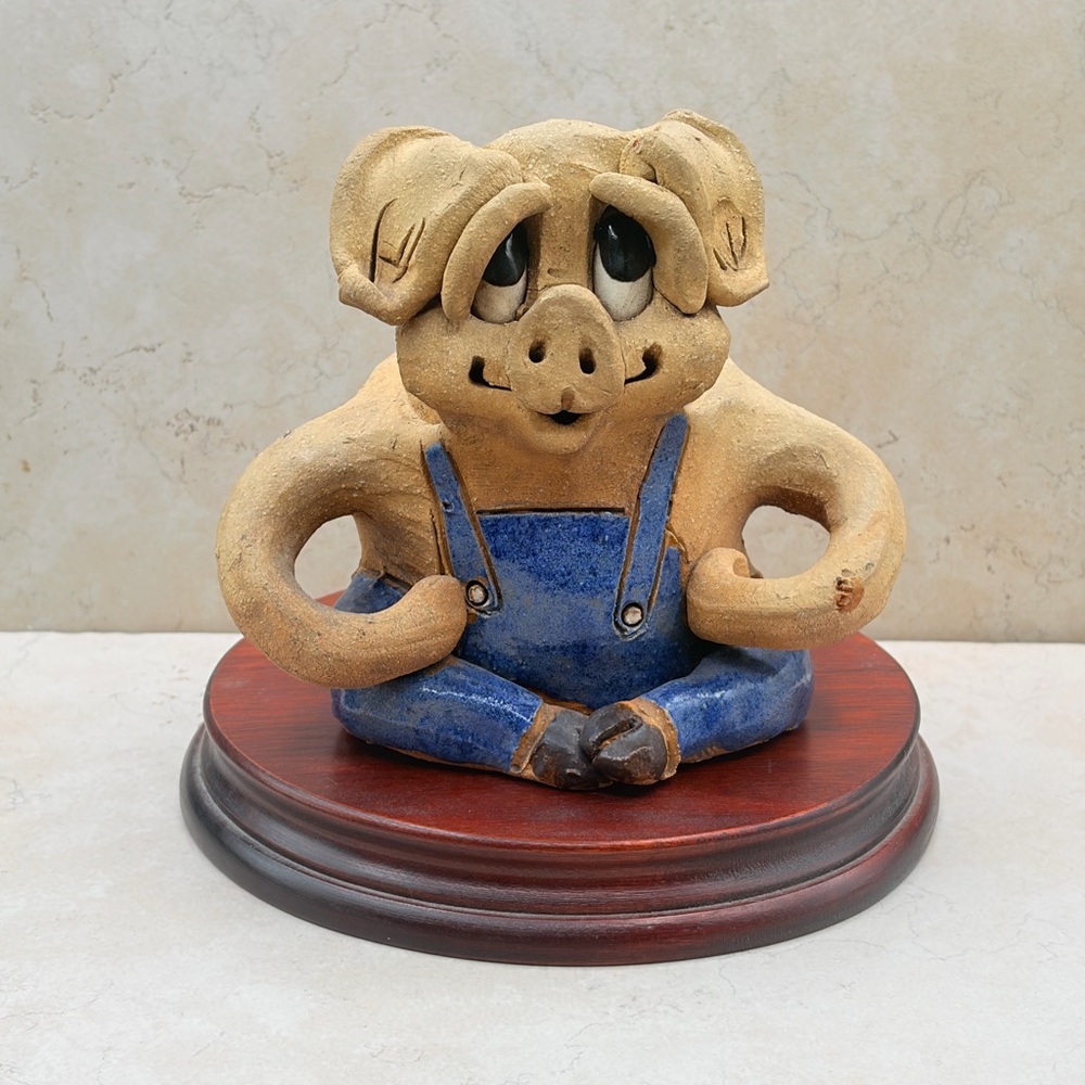 Vintage 70's Hindt Pig Planter. Clay and Blue Glaze Small Plants Signed Handmade